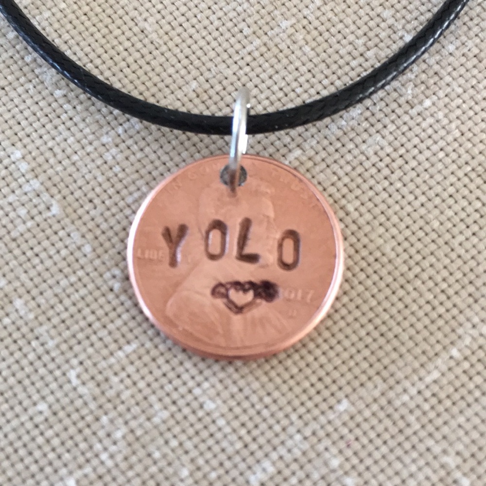 YOLO Stamped Penny Handcrafted Artisan Statement Necklace